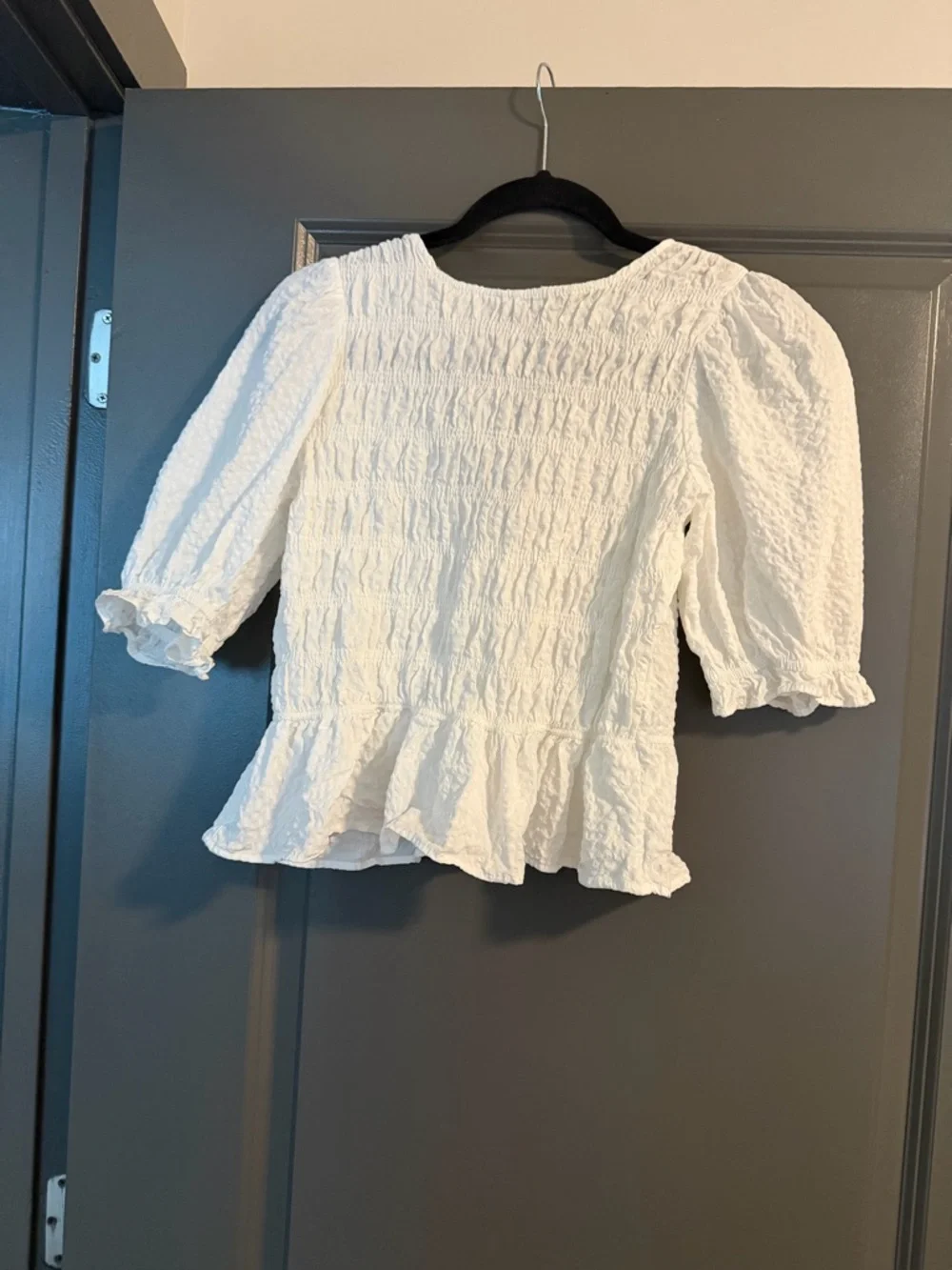 Zara White Smocked Peplum Puff Sleeve Blouse